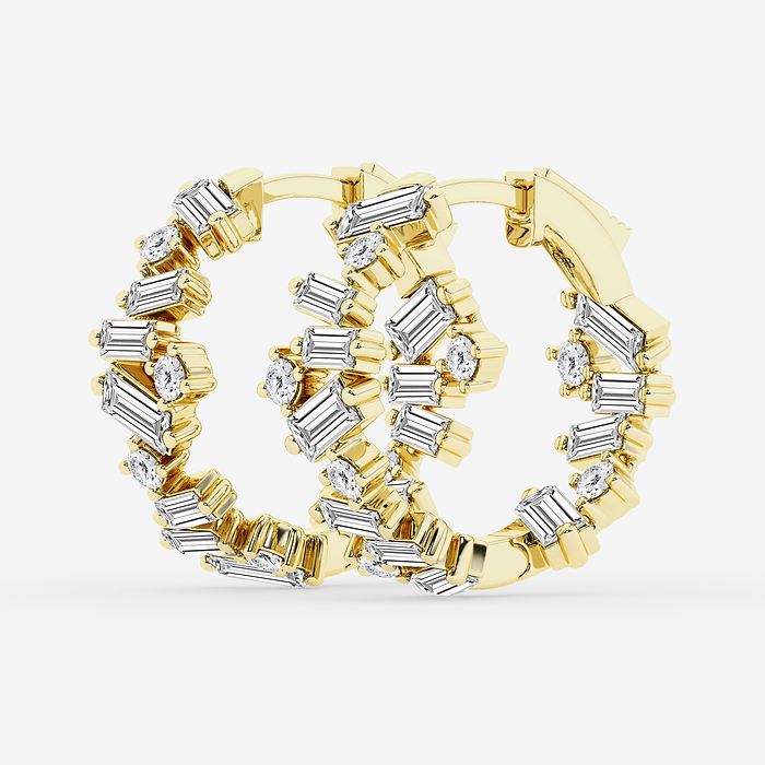 Baguette and Round Hoop Earrings - 3 ctw Baguette and Round Lab Grown Diamond Hoop Earrings